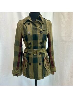 Burberry Brit Check Trench Coat Jacket double breasted Short Linen green belted